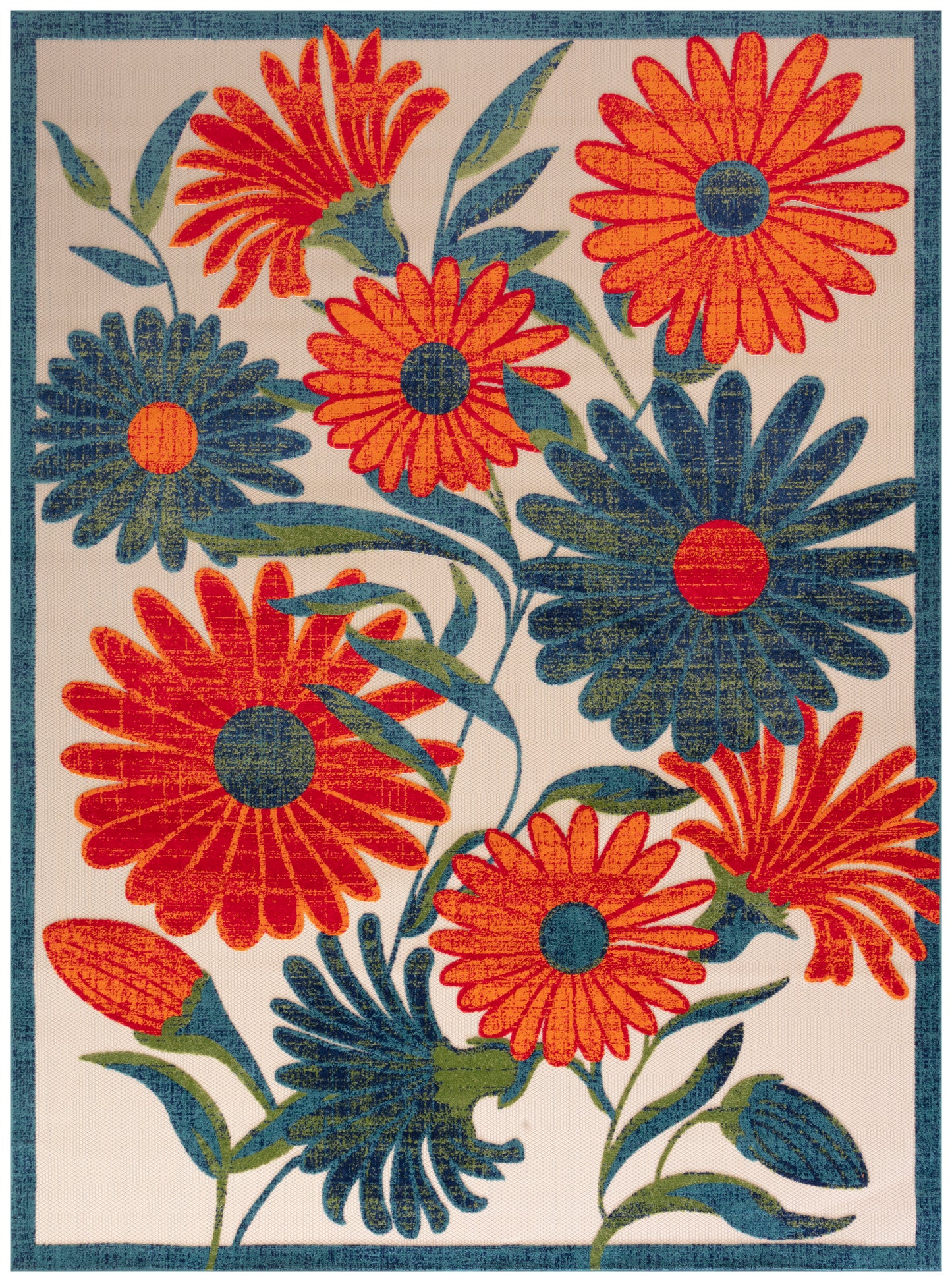 Patterned area rug with oversized red and blue daisies, green leaves on a beige field with a blue border.