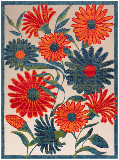 Patterned area rug with oversized red and blue daisies, green leaves on a beige field with a blue border.