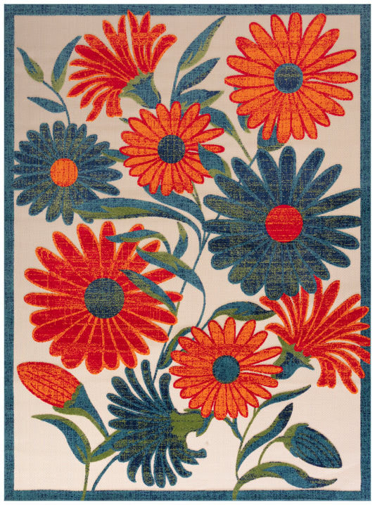 Patterned area rug with oversized red and blue daisies, green leaves on a beige field with a blue border.