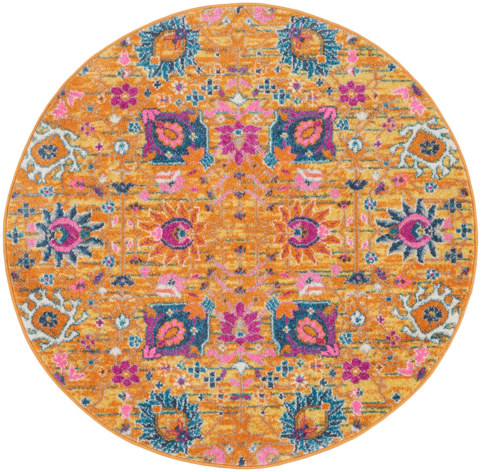 Round orange rug with a vivid pink, teal and blue floral pattern in a Persian-inspired design.