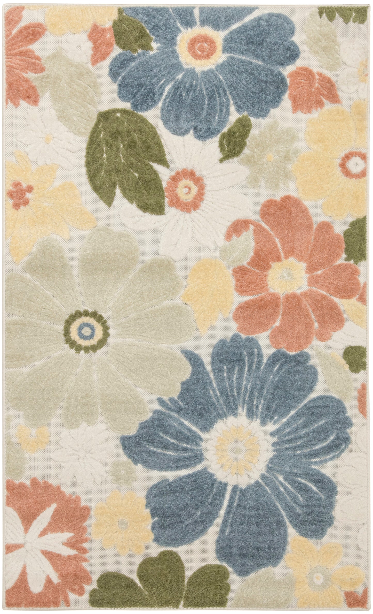Colorful floral area rug with large blue, yellow, orange and beige blooms on a light backdrop; soft textured pile.