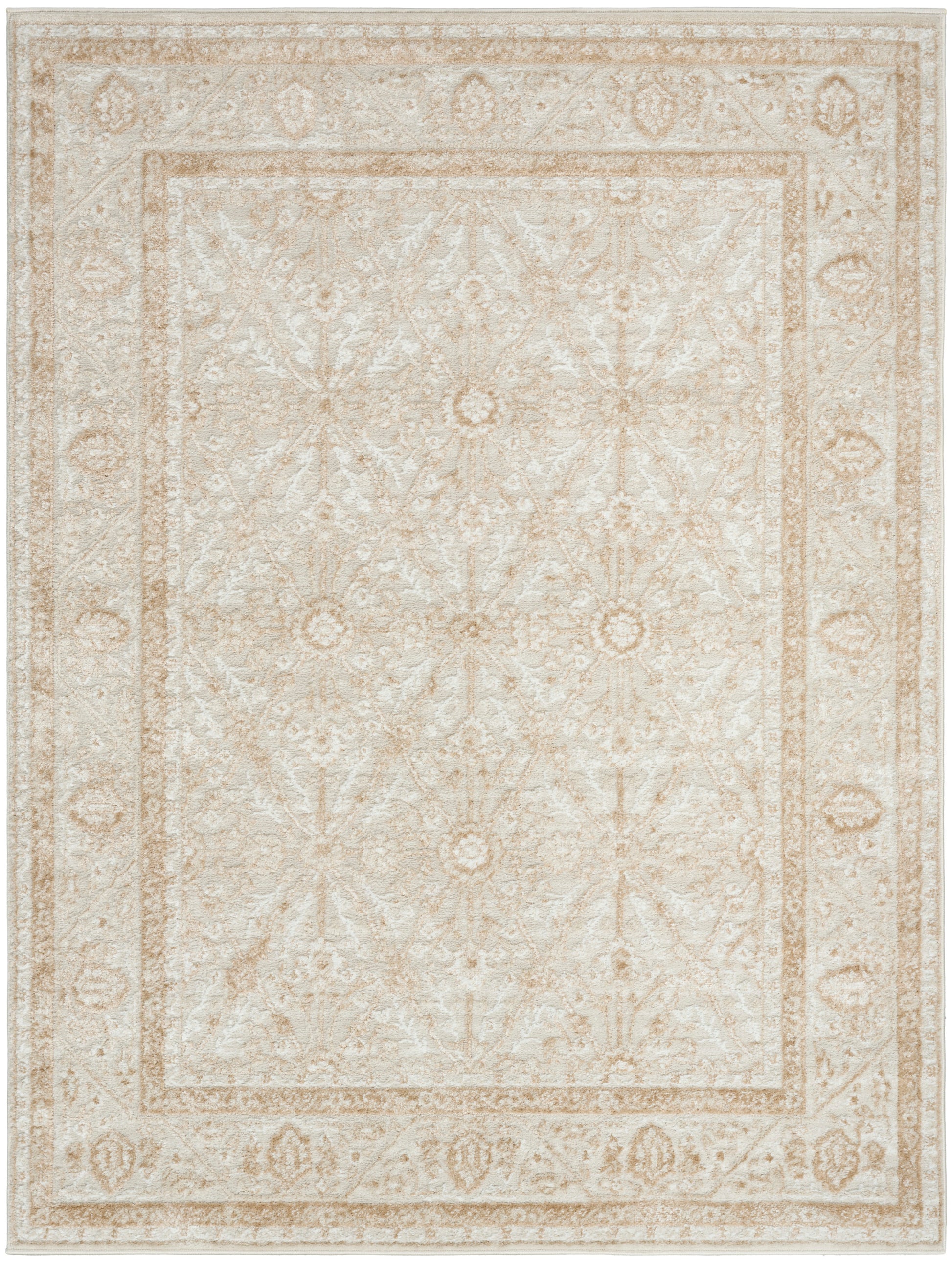 Rectangular cream-beige oriental rug with faded floral medallions and an ornate border.