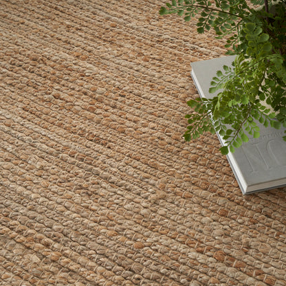 Beige woven jute rug with raised loop texture; white book and trailing green fern decorate the corner.