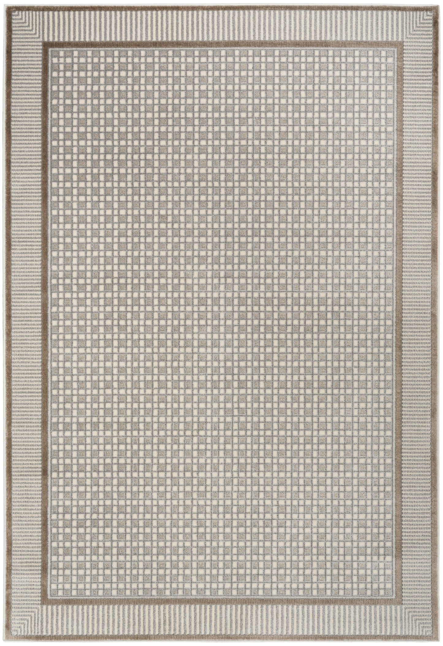Neutral beige rug with a light cream grid pattern, surrounded by a taupe border and a striped outer frame.