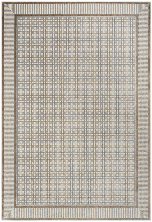 Neutral beige rug with a light cream grid pattern, surrounded by a taupe border and a striped outer frame.