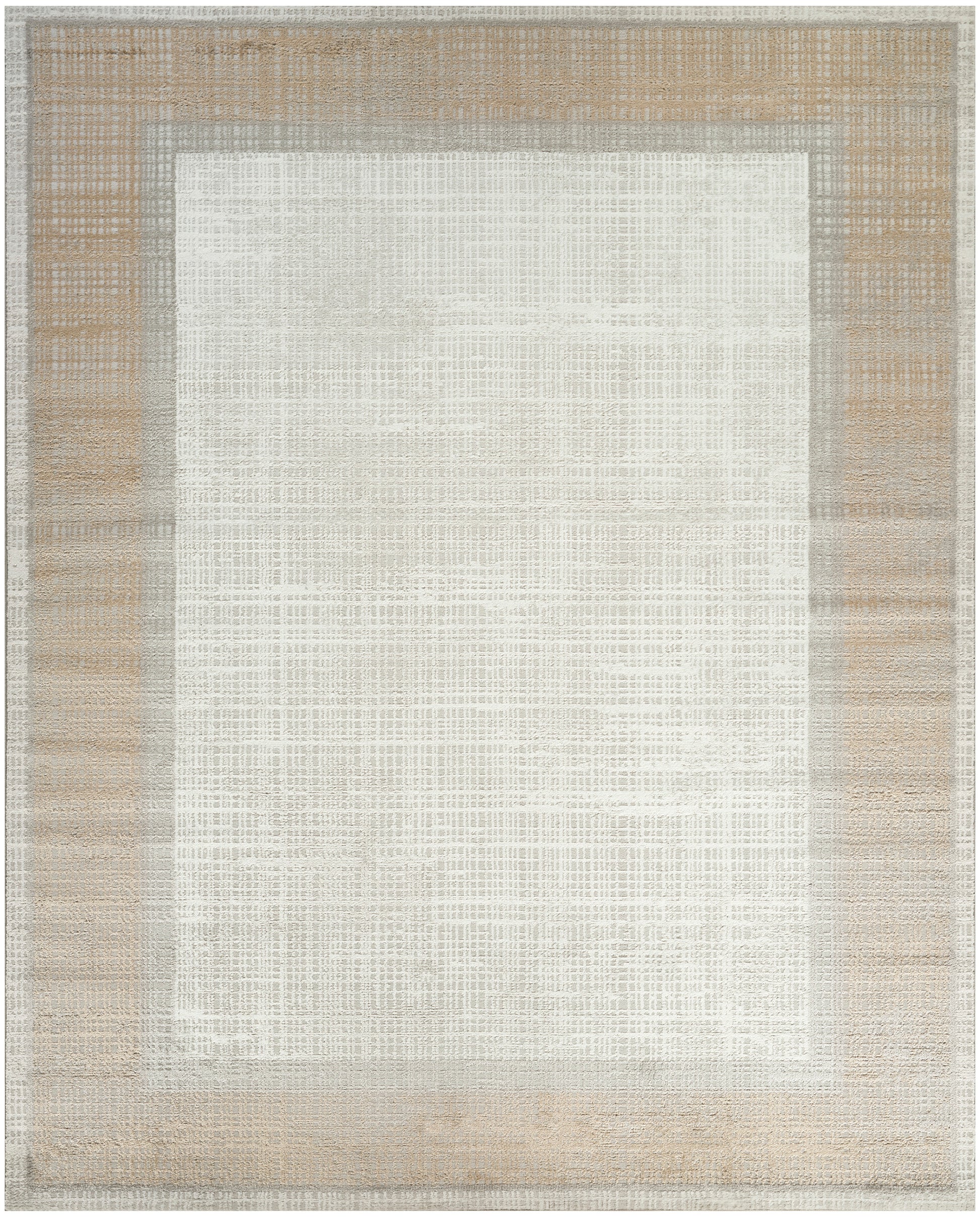 Rectangular woven area rug with cream center, layered light gray border, and beige outer frame in a modern neutral look.