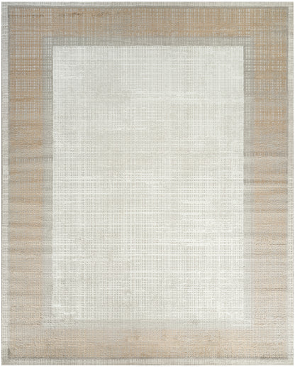 Rectangular woven area rug with cream center, layered light gray border, and beige outer frame in a modern neutral look.