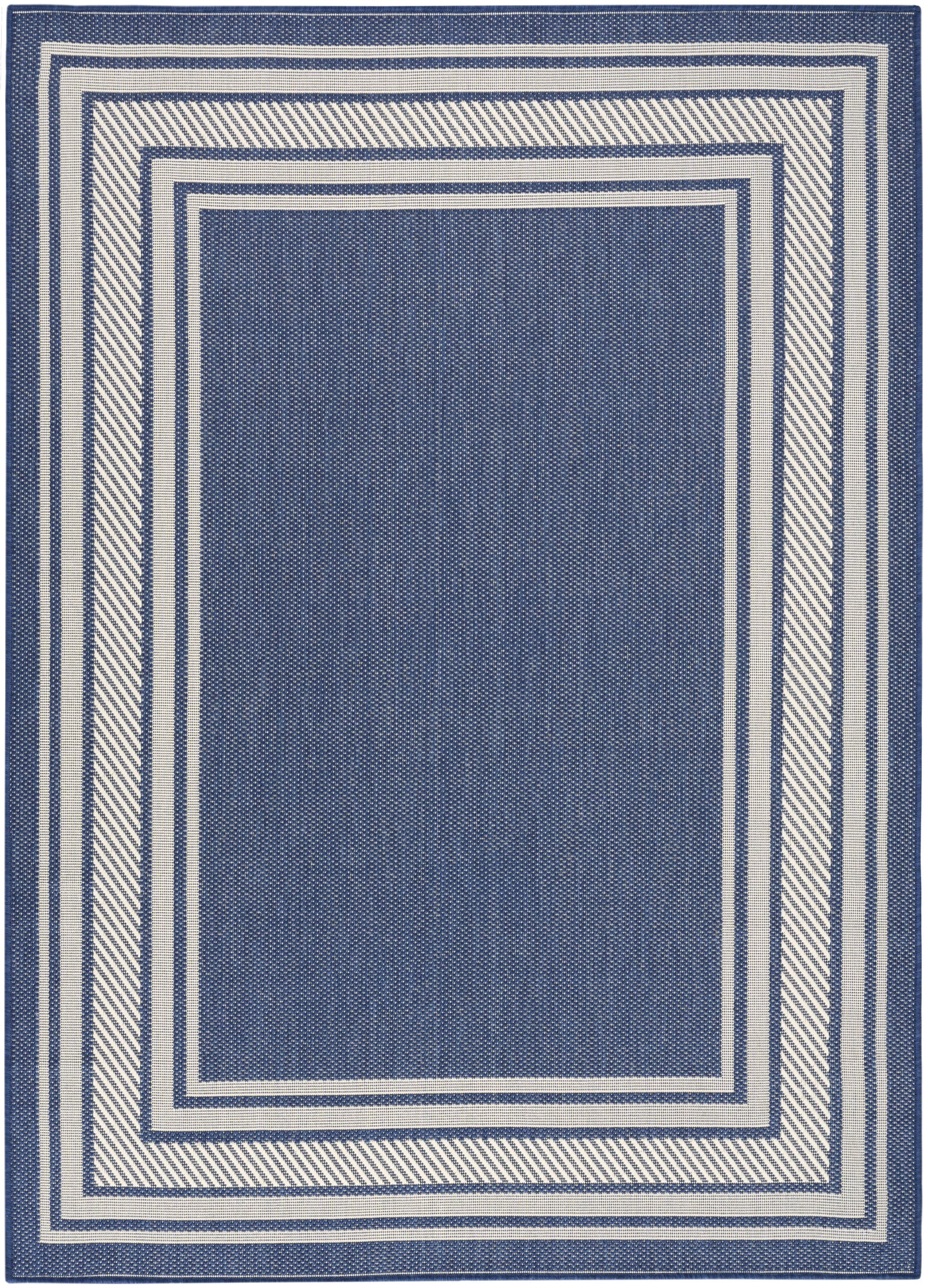 Blue woven rug with white nested frames and diagonal-striped border accents.