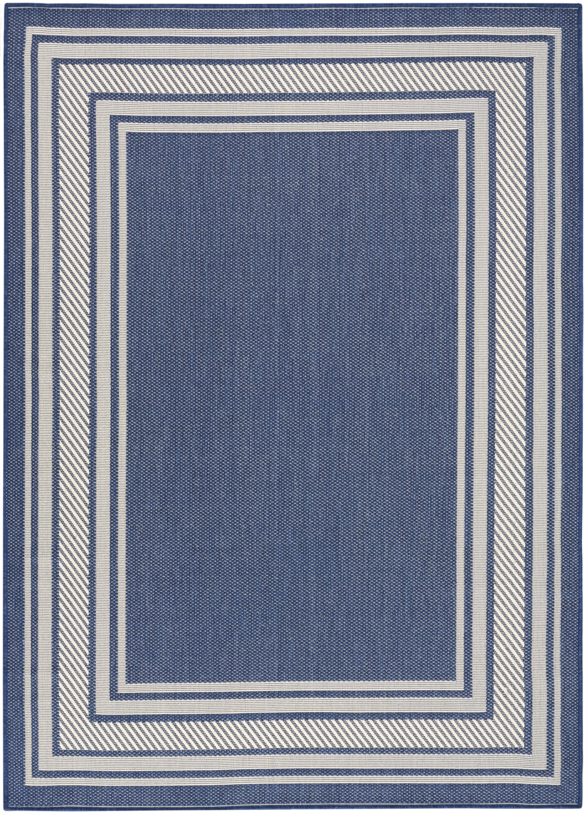 Blue woven rug with white nested frames and diagonal-striped border accents.
