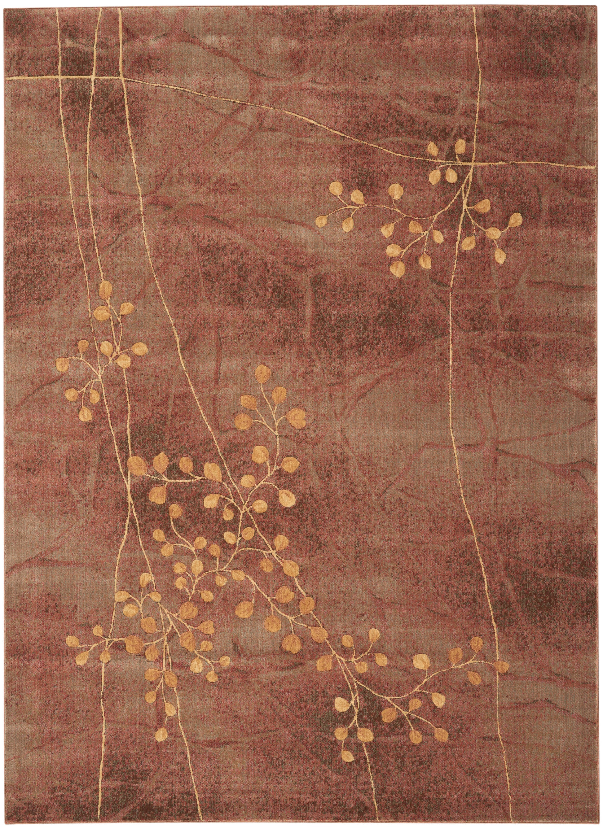 Muted red-brown rug featuring gold botanical vine motifs and slender vertical lines.