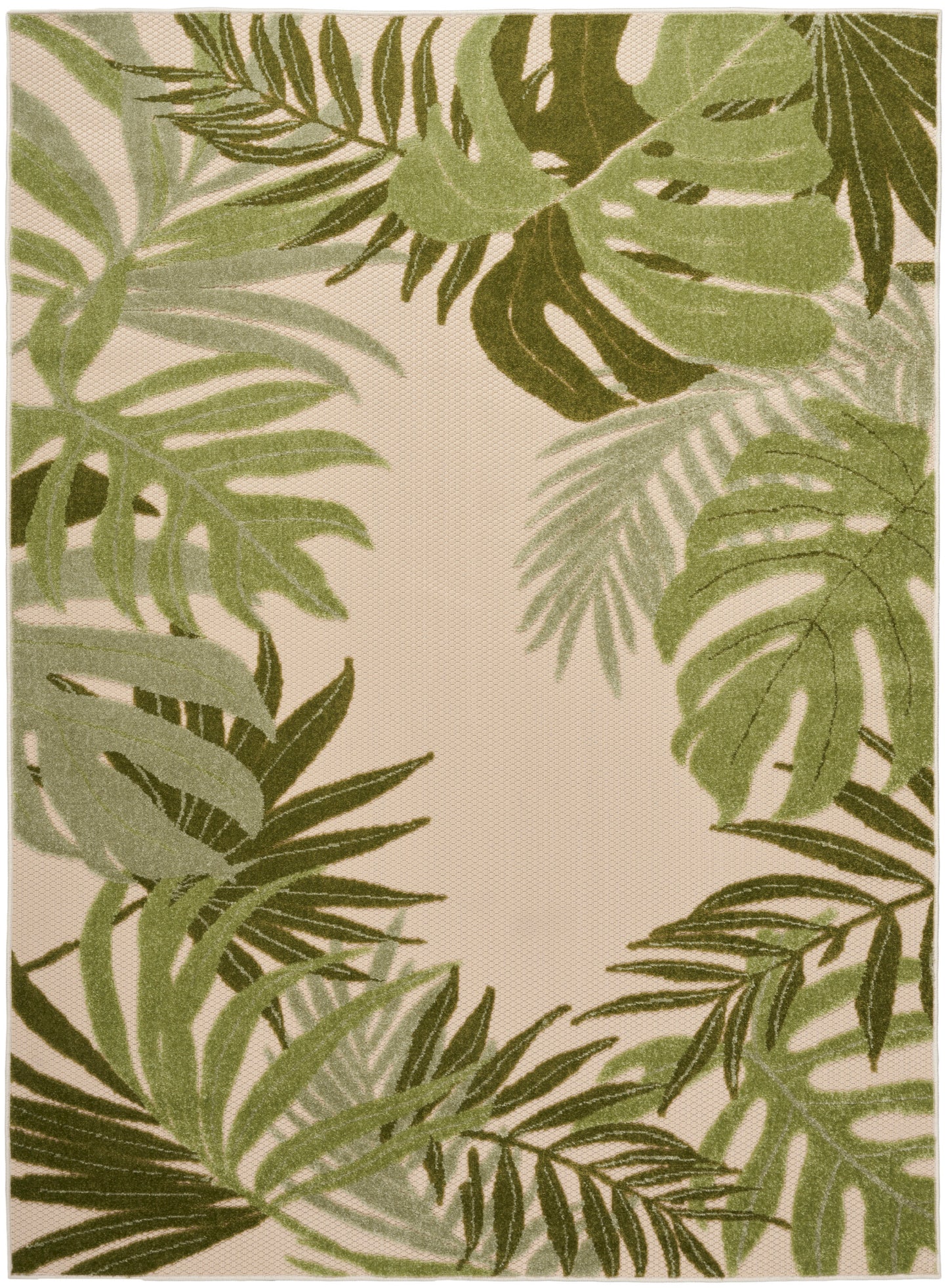 Beige rectangular outdoor rug with green tropical palm leaf border; woven textile for outdoor décor.