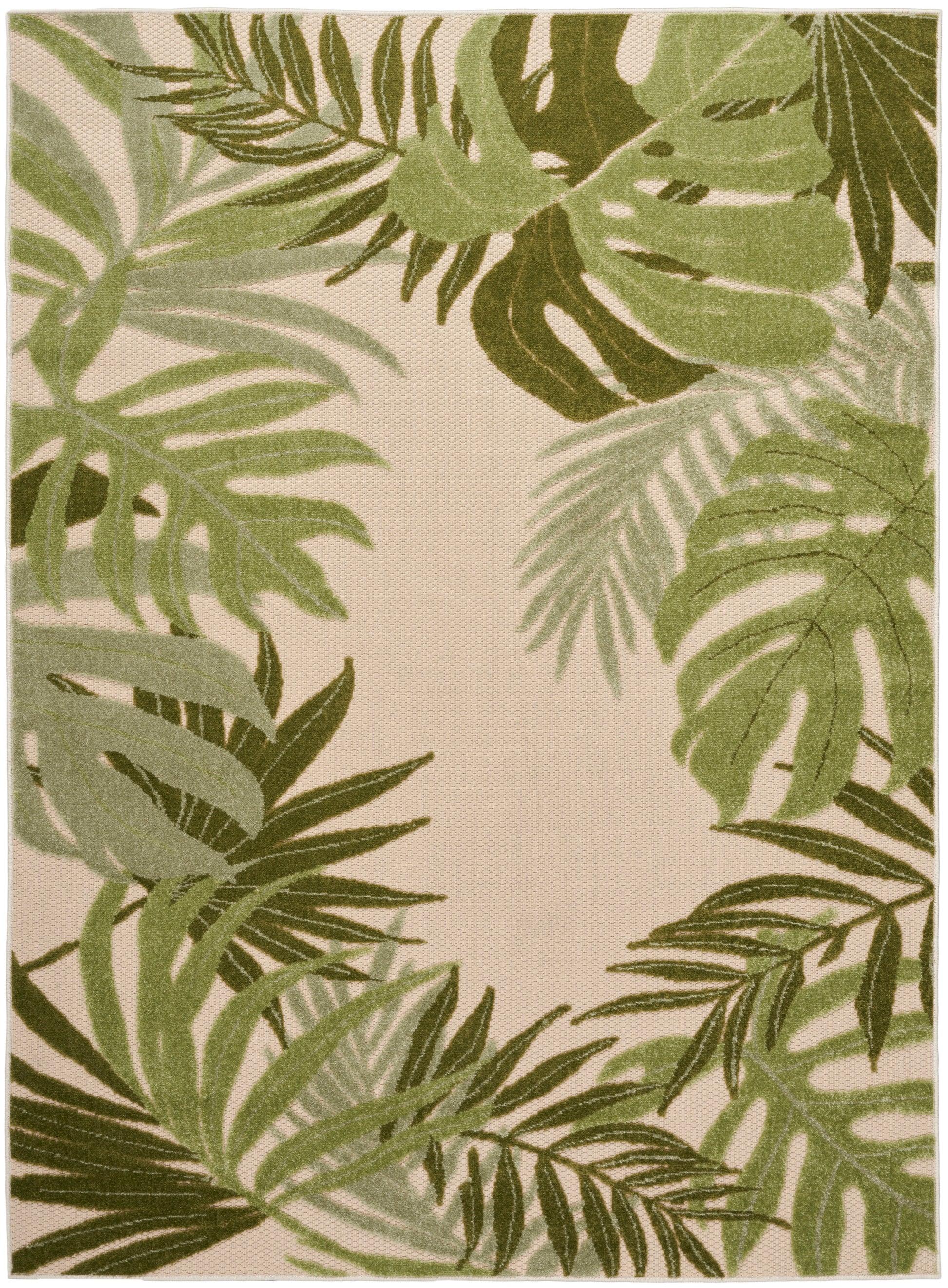 Beige rectangular outdoor rug with green tropical palm leaf border; woven textile for outdoor décor.