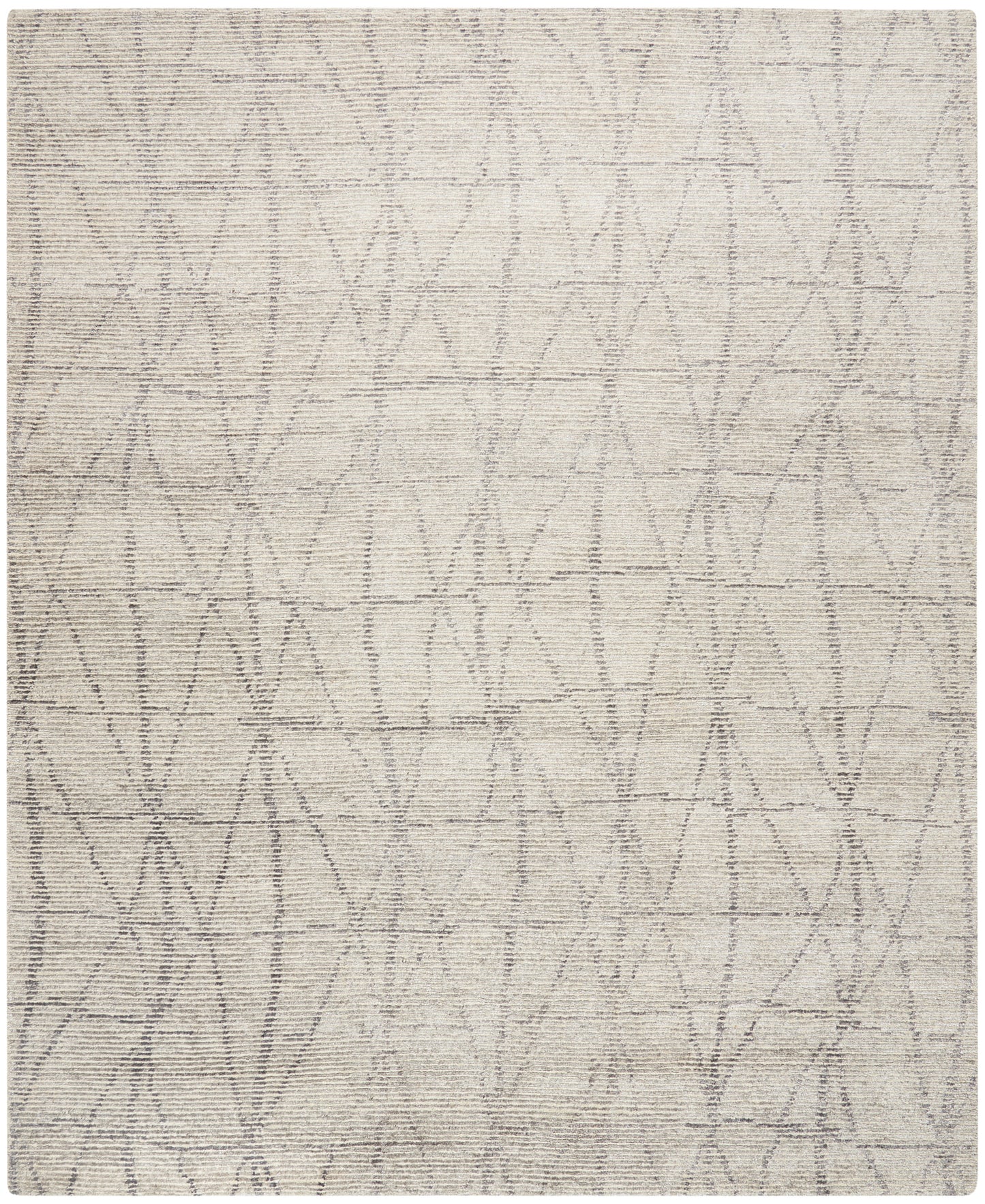 Beige woven area rug with a subtle gray geometric lattice of overlapping arches; contemporary neutral decor.