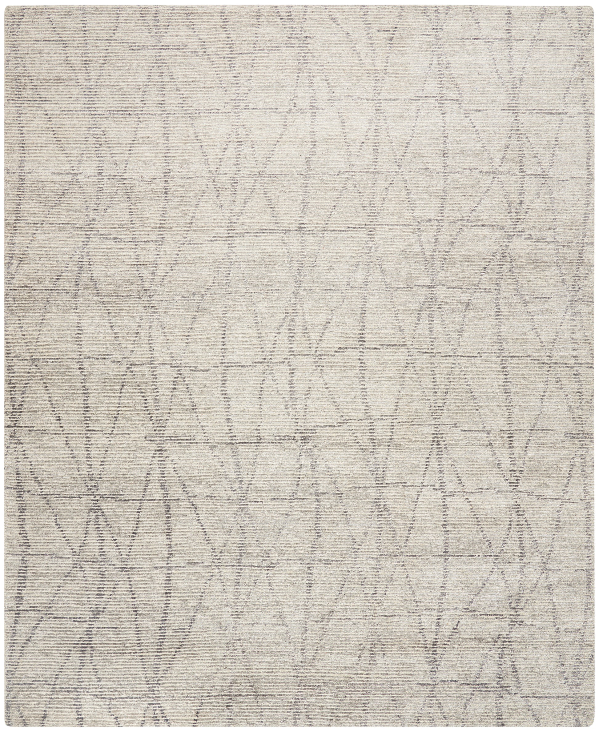 Beige woven area rug with a subtle gray geometric lattice of overlapping arches; contemporary neutral decor.