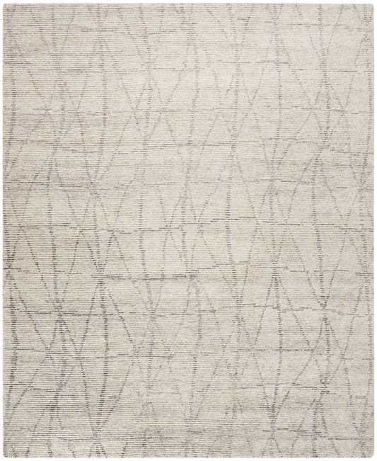 Beige woven area rug with a subtle gray geometric lattice of overlapping arches; contemporary neutral decor.