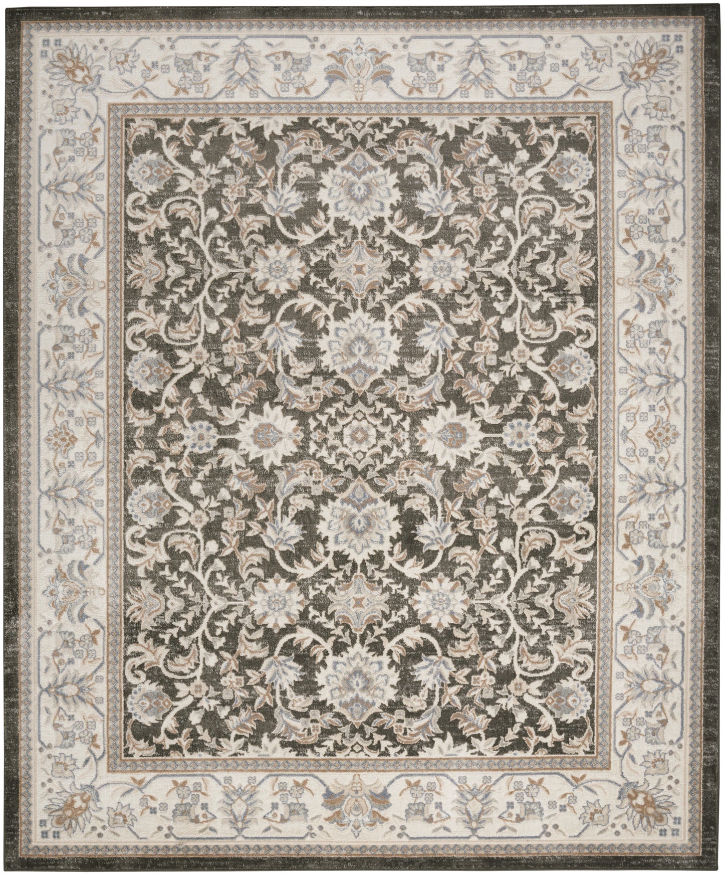Rectangular oriental rug with dark central field and pale blue floral medallions; ivory border with blue-tan florals.