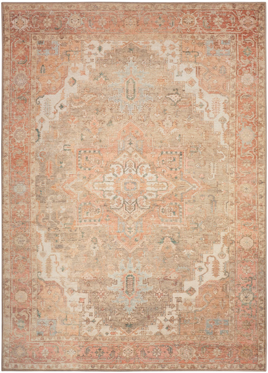 Distressed oriental rug with peach-cream palette, central medallion, light blue accents, ornate red border.