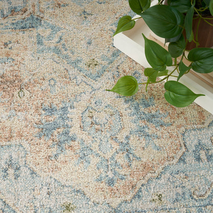 Pastel blue, peach and beige patterned rug with a trailing pothos plant in a white rectangular planter.