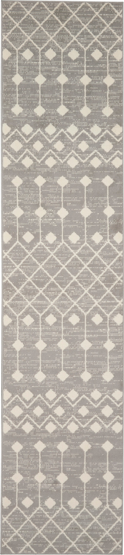 Grey and cream geometric runner rug with diamond lattice pattern; soft woven texture, modern home decor.
