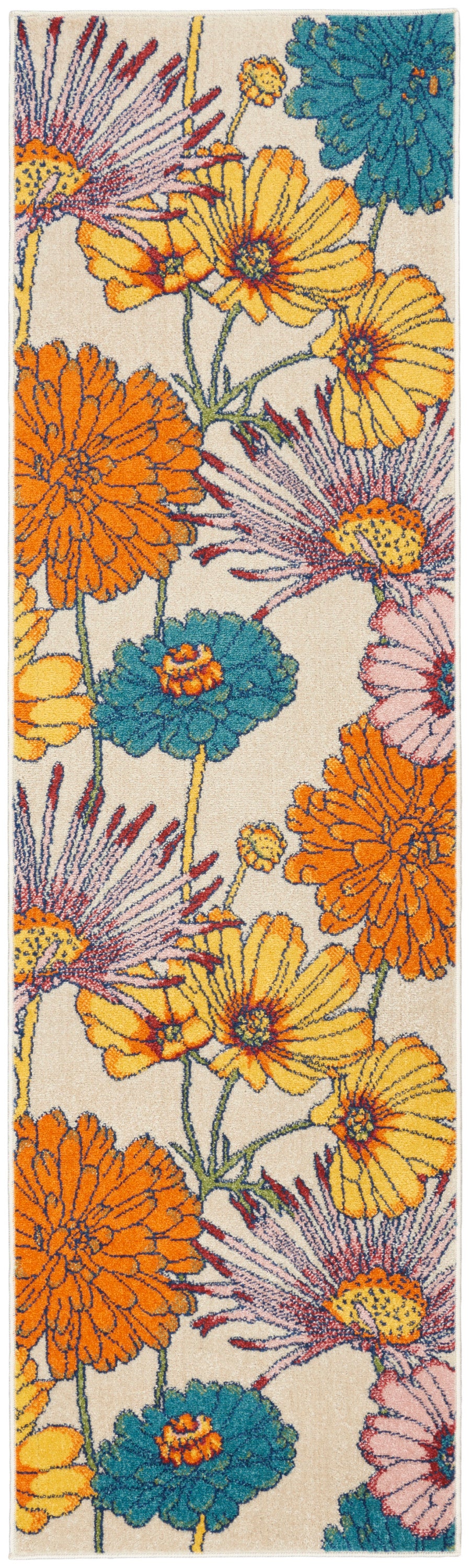 Floral tapestry rug with large orange, yellow and teal blooms on a beige background; vibrant woven design.