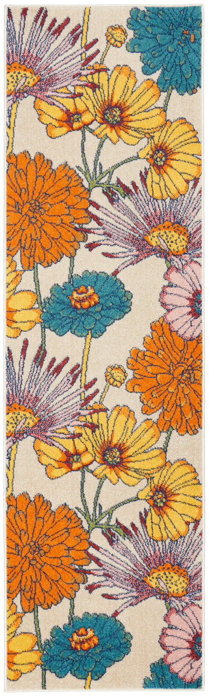Floral tapestry rug with large orange, yellow and teal blooms on a beige background; vibrant woven design.