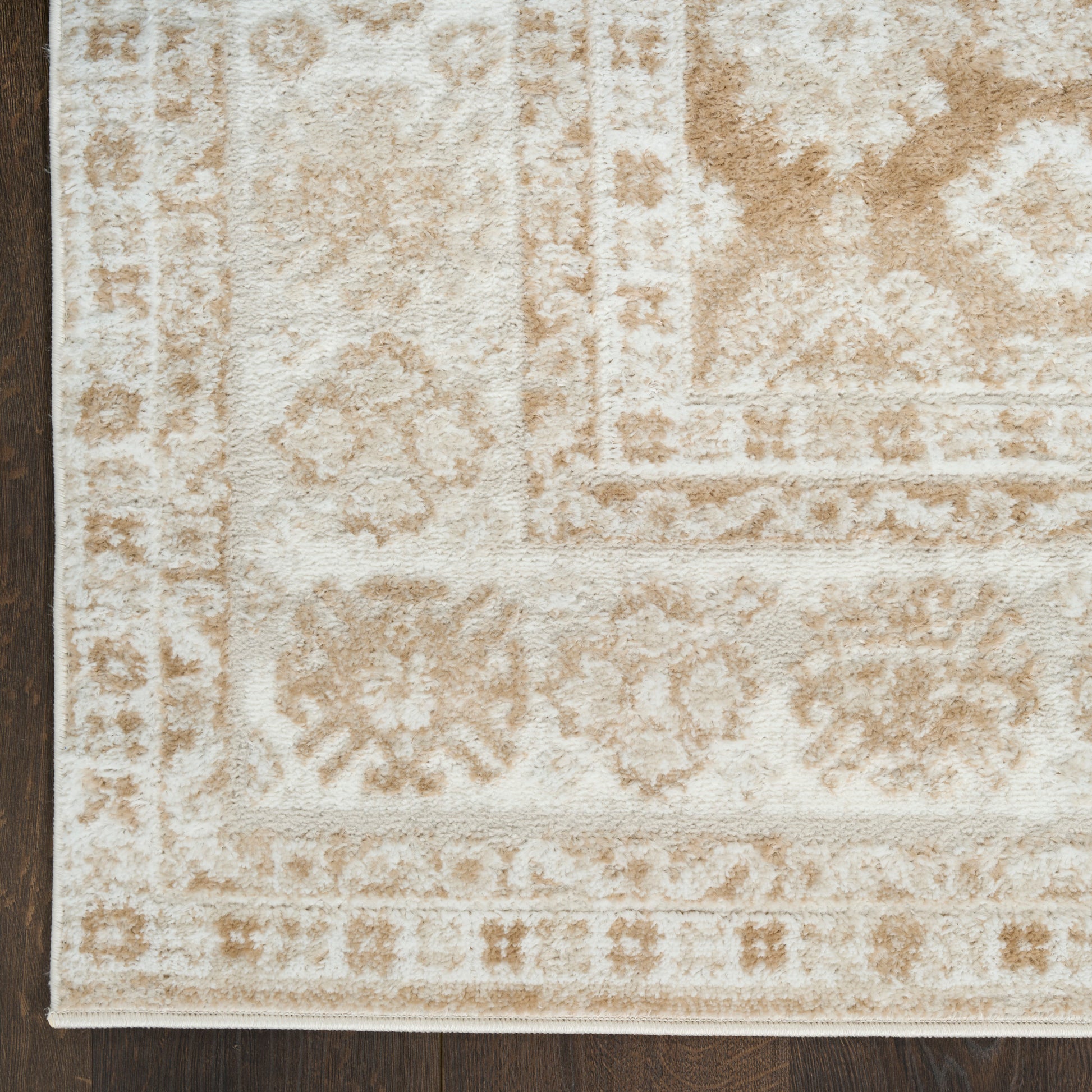 Beige patterned area rug with floral medallion border in cream and tan hues on dark wood floor.