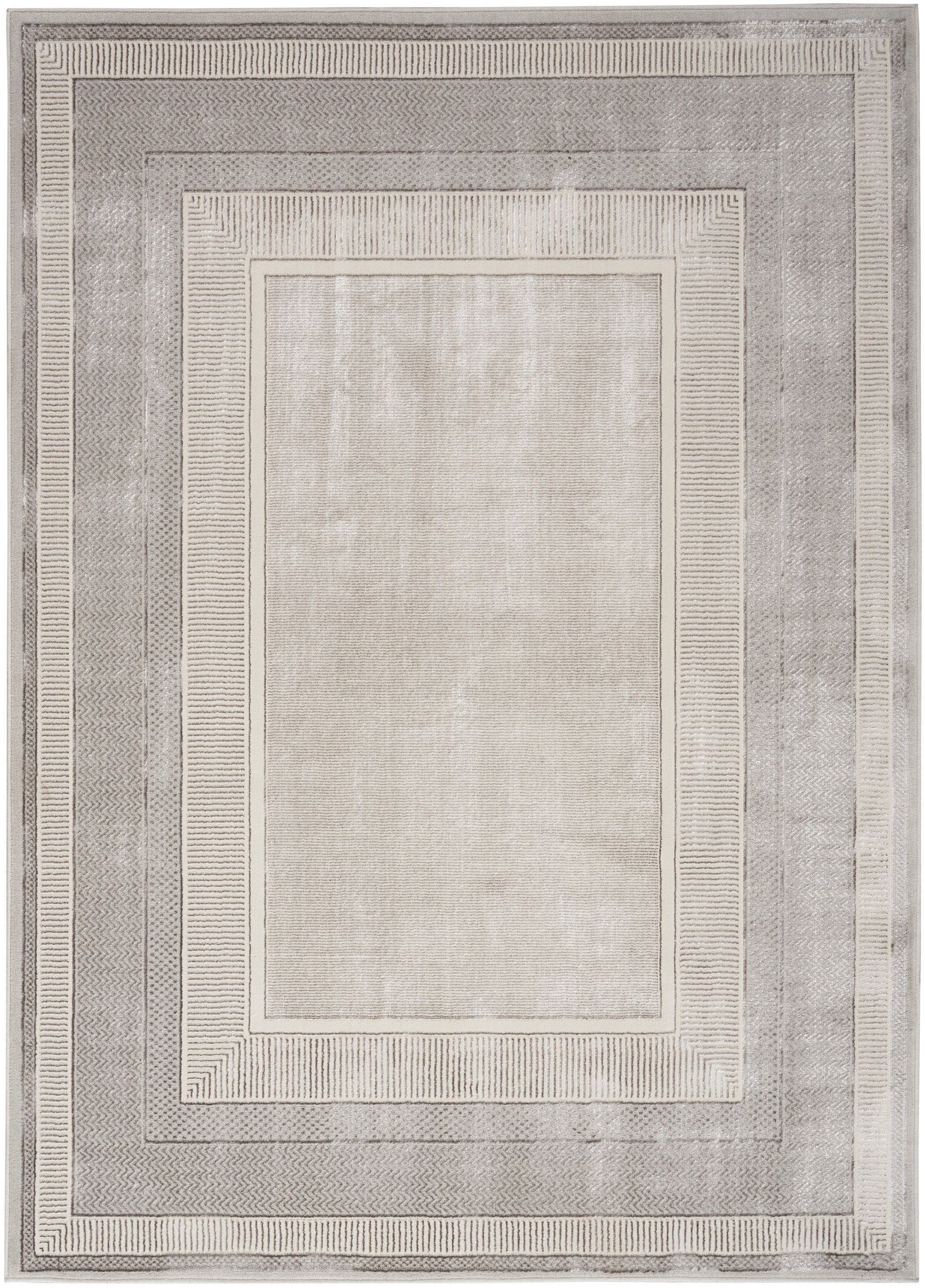 Rectangular area rug in gray and beige with layered framed borders; soft, muted modern texture.
