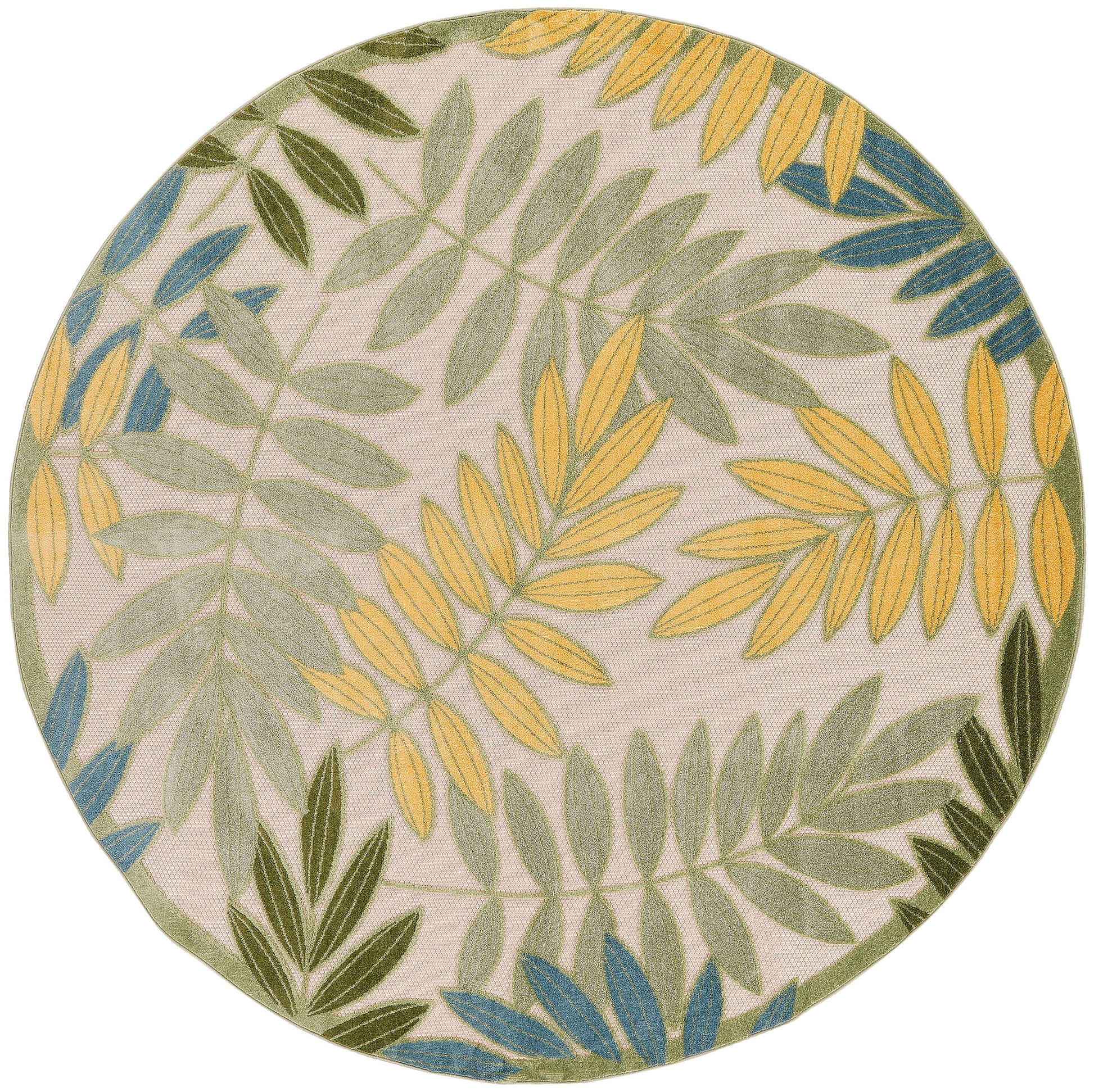 Round rug with yellow, green and blue fern leaves on beige background; botanical pattern.