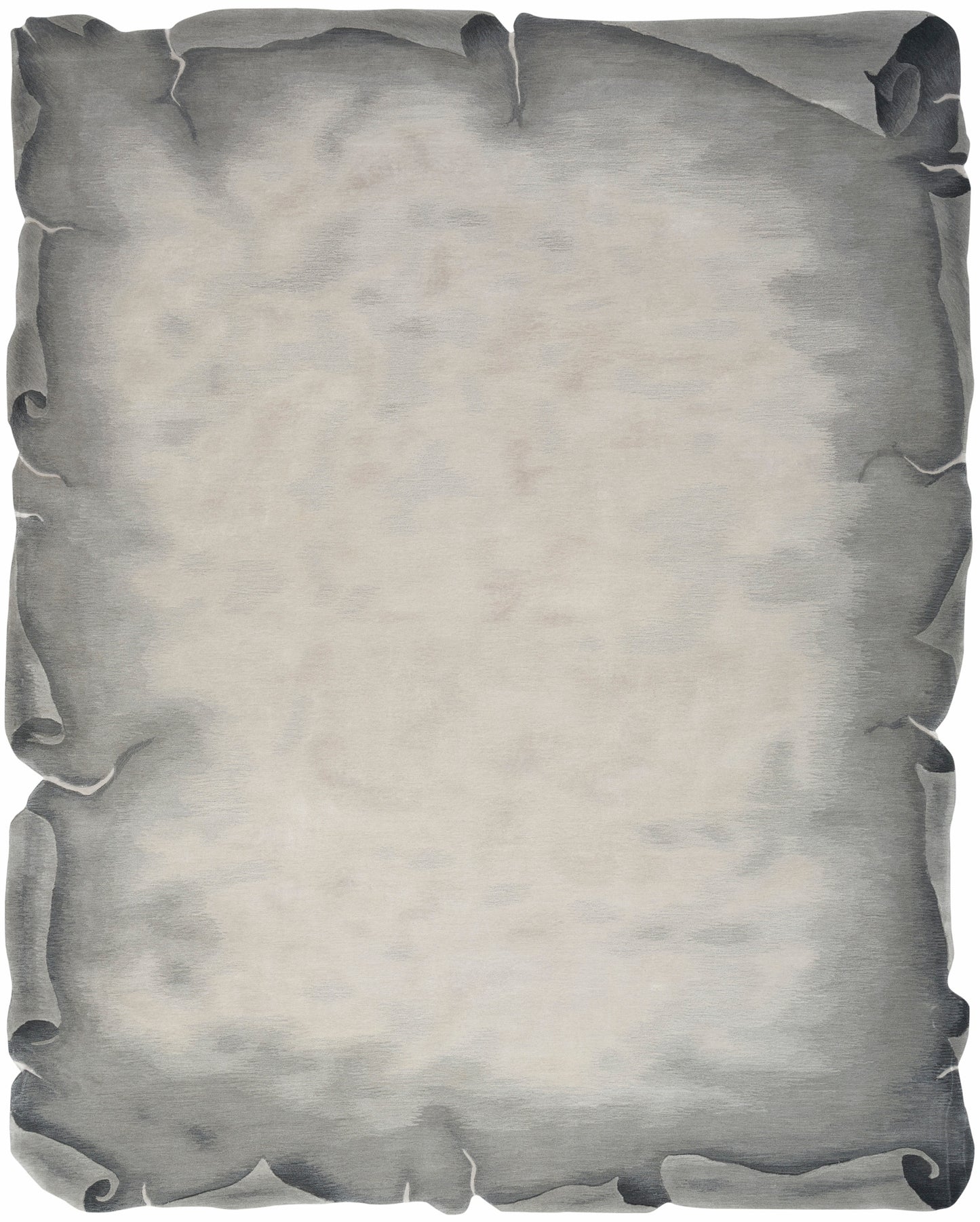 Weathered parchment scroll with curled dark gray edges and beige center.