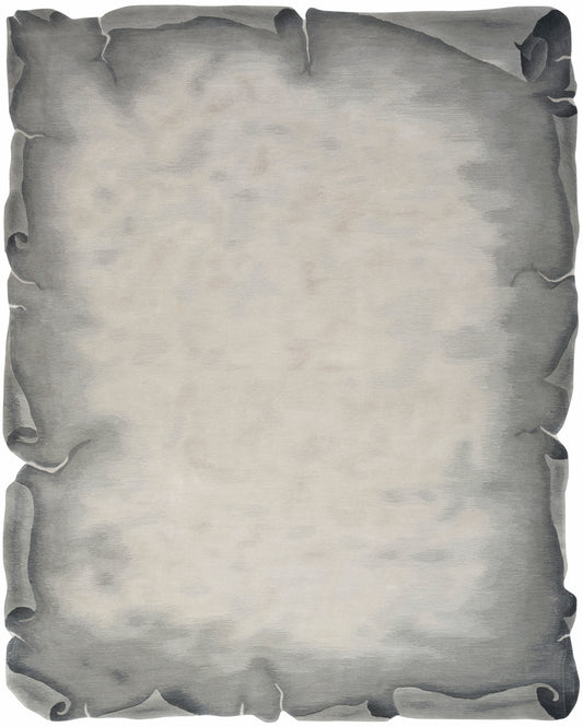 Weathered parchment scroll with curled dark gray edges and beige center.