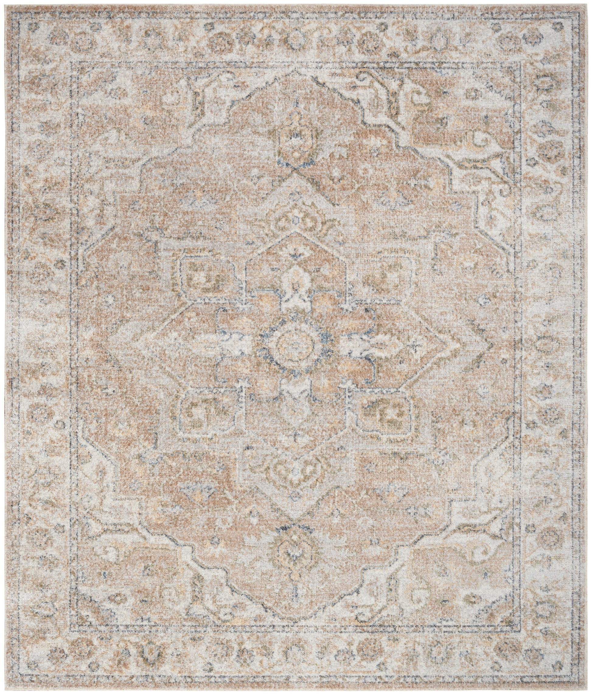 Distressed beige and ivory oriental area rug with blue accents, central medallion and ornate border.