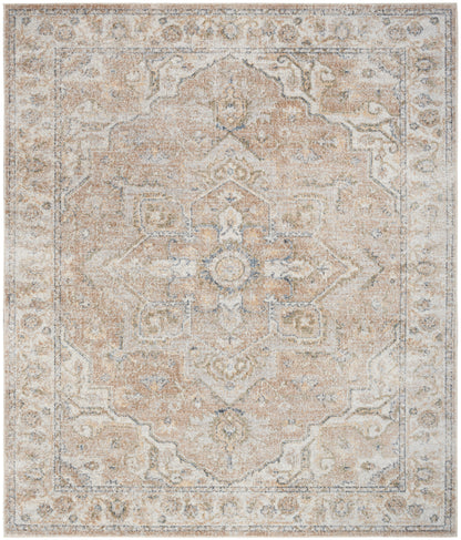 Distressed beige and ivory oriental area rug with blue accents, central medallion and ornate border.