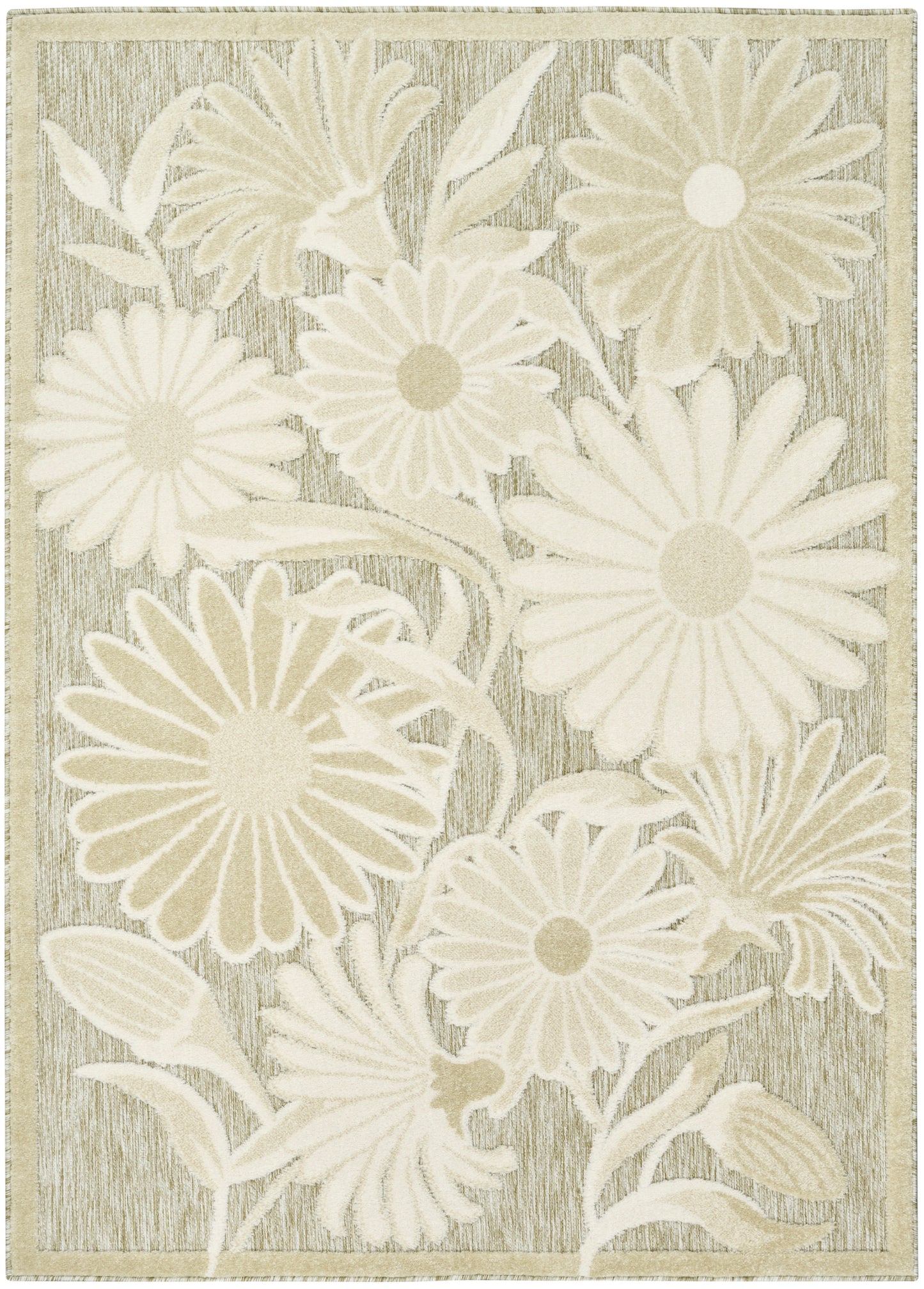 Beige floral area rug with large cream daisies and leafy stems.