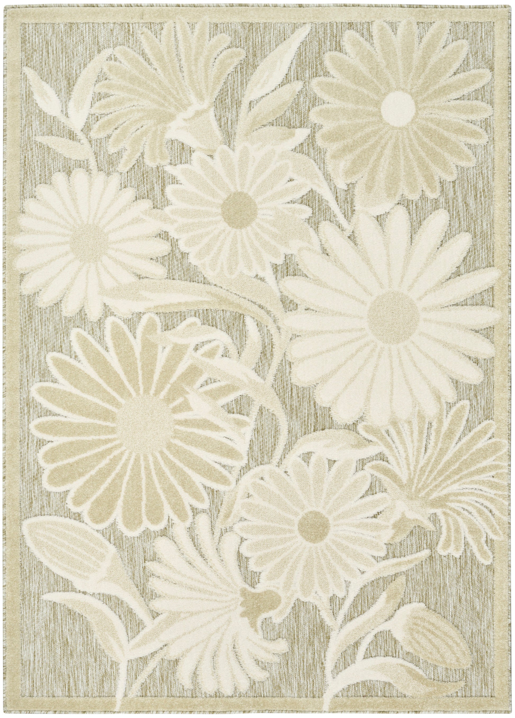 Beige floral area rug with large cream daisies and leafy stems.