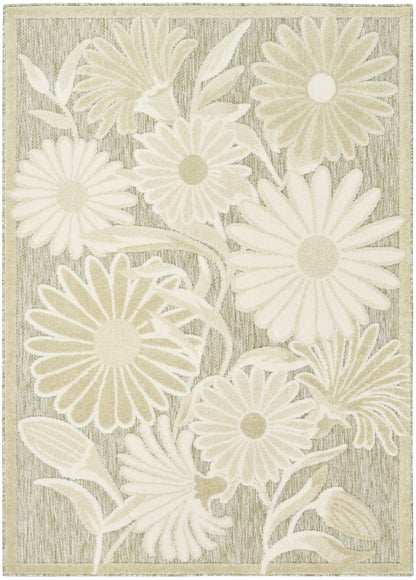 Beige floral area rug with large cream daisies and leafy stems.