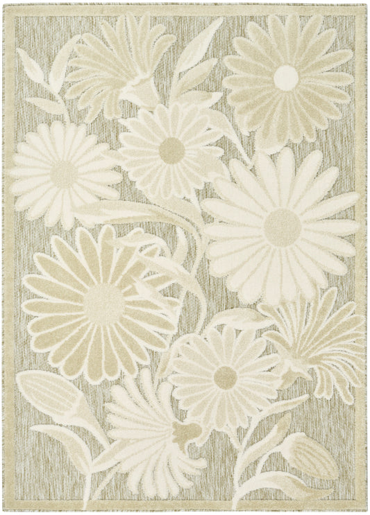 Beige floral area rug with large cream daisies and leafy stems.