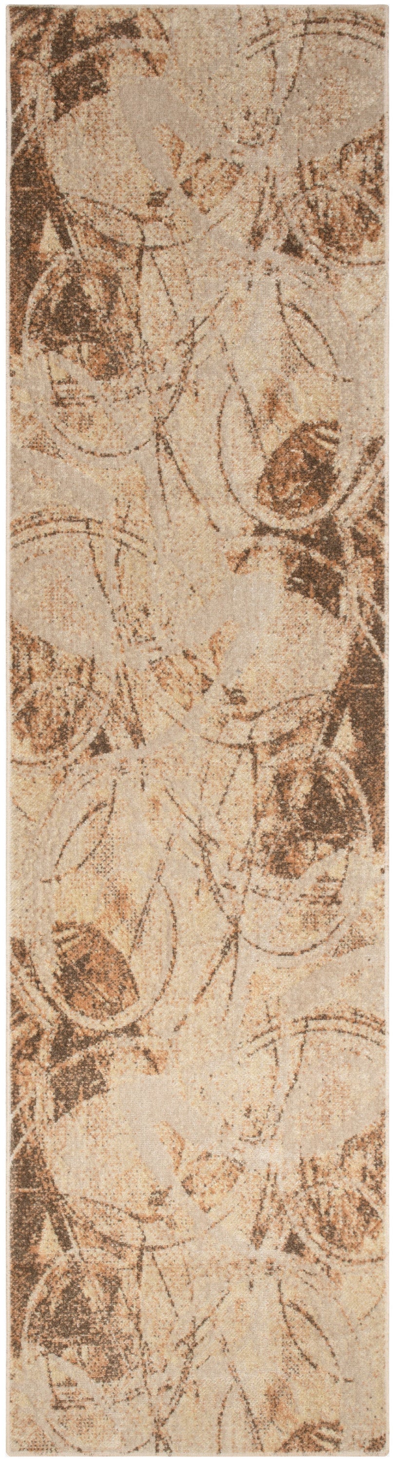 Beige rug runner featuring repeating brown circular floral motifs in a vintage botanical style.