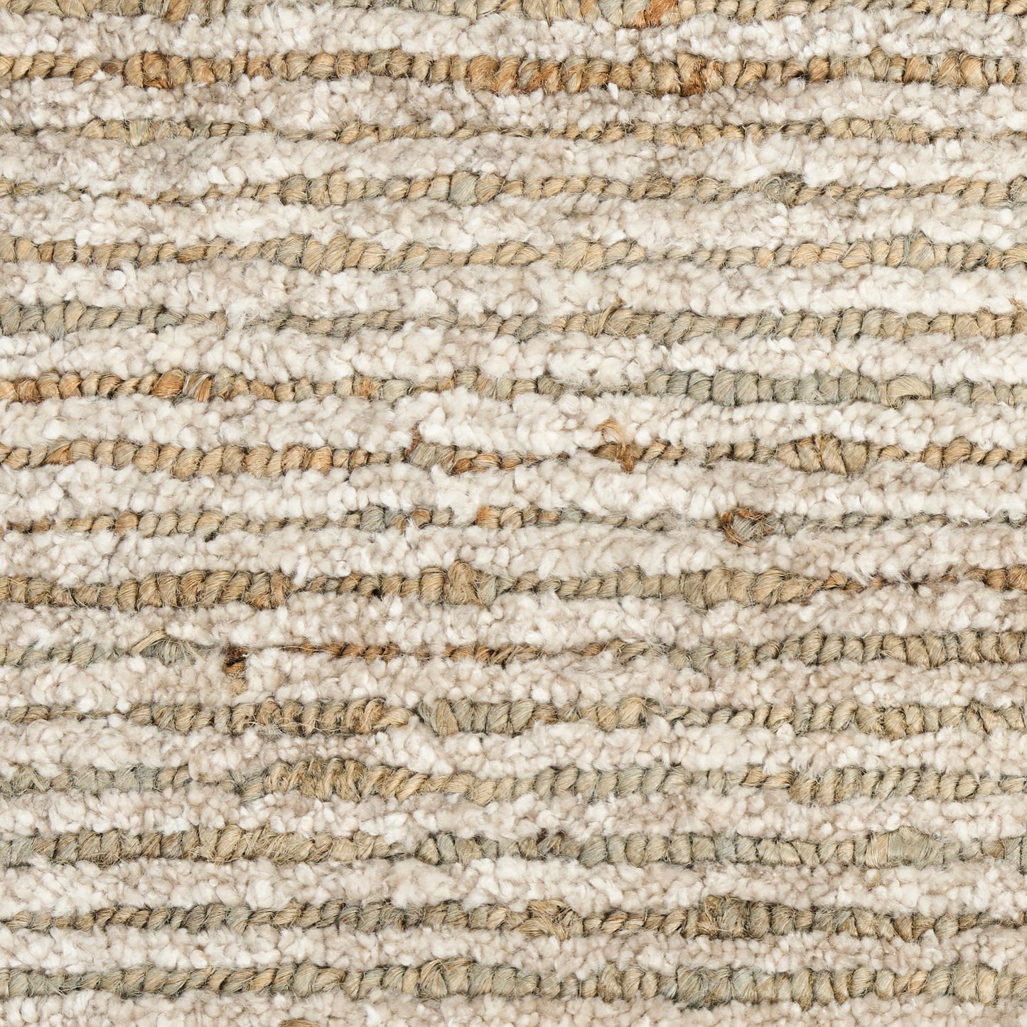 Close-up of a neutral beige loop-pile rug with cream and tan twisted yarns, subtle striped texture.