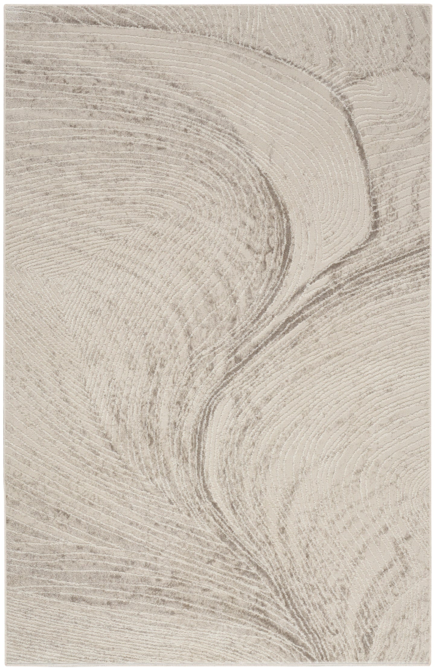 Beige area rug with abstract, swirling taupe pattern and a soft, textured weave.