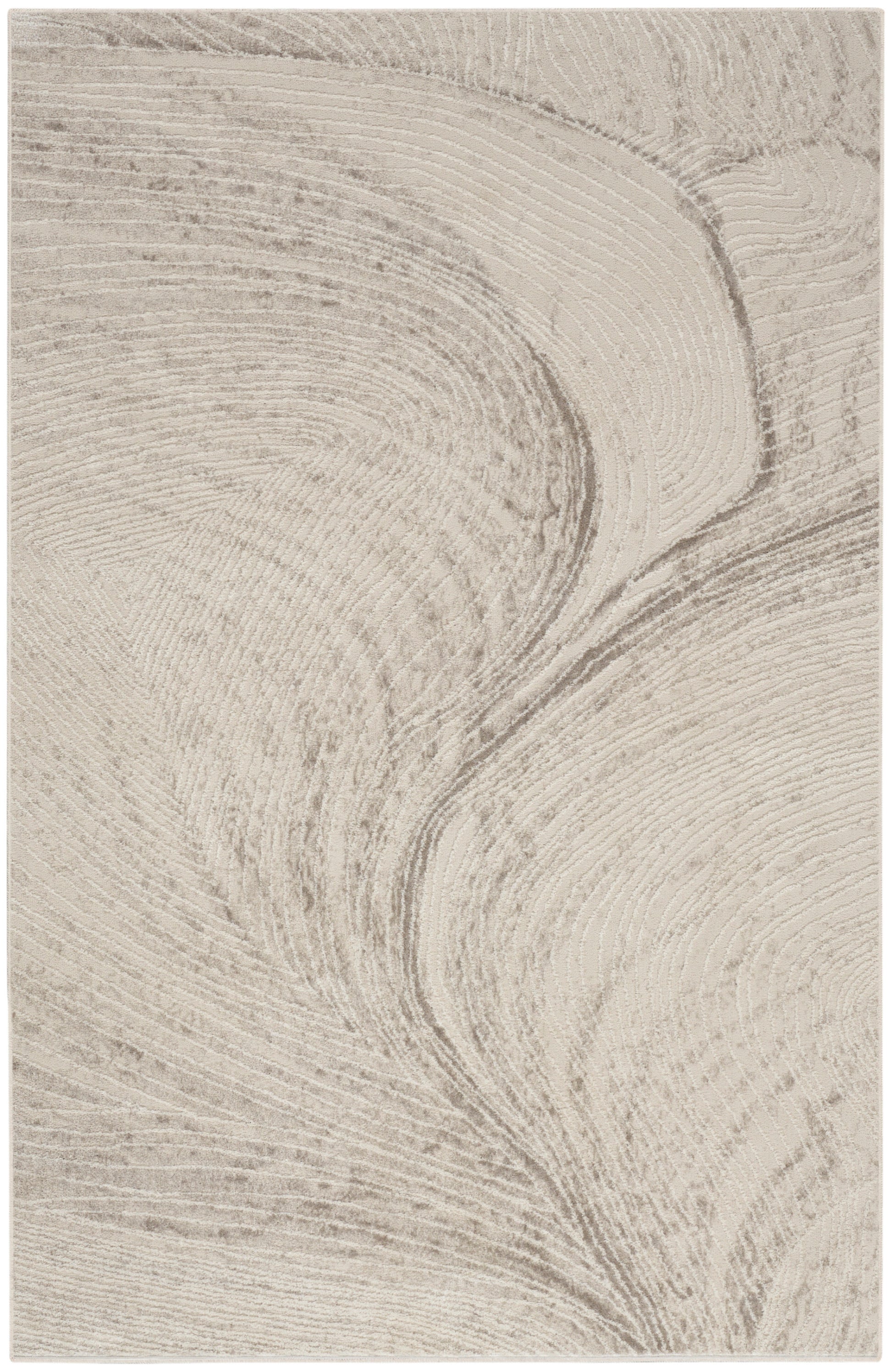 Beige area rug with abstract, swirling taupe pattern and a soft, textured weave.