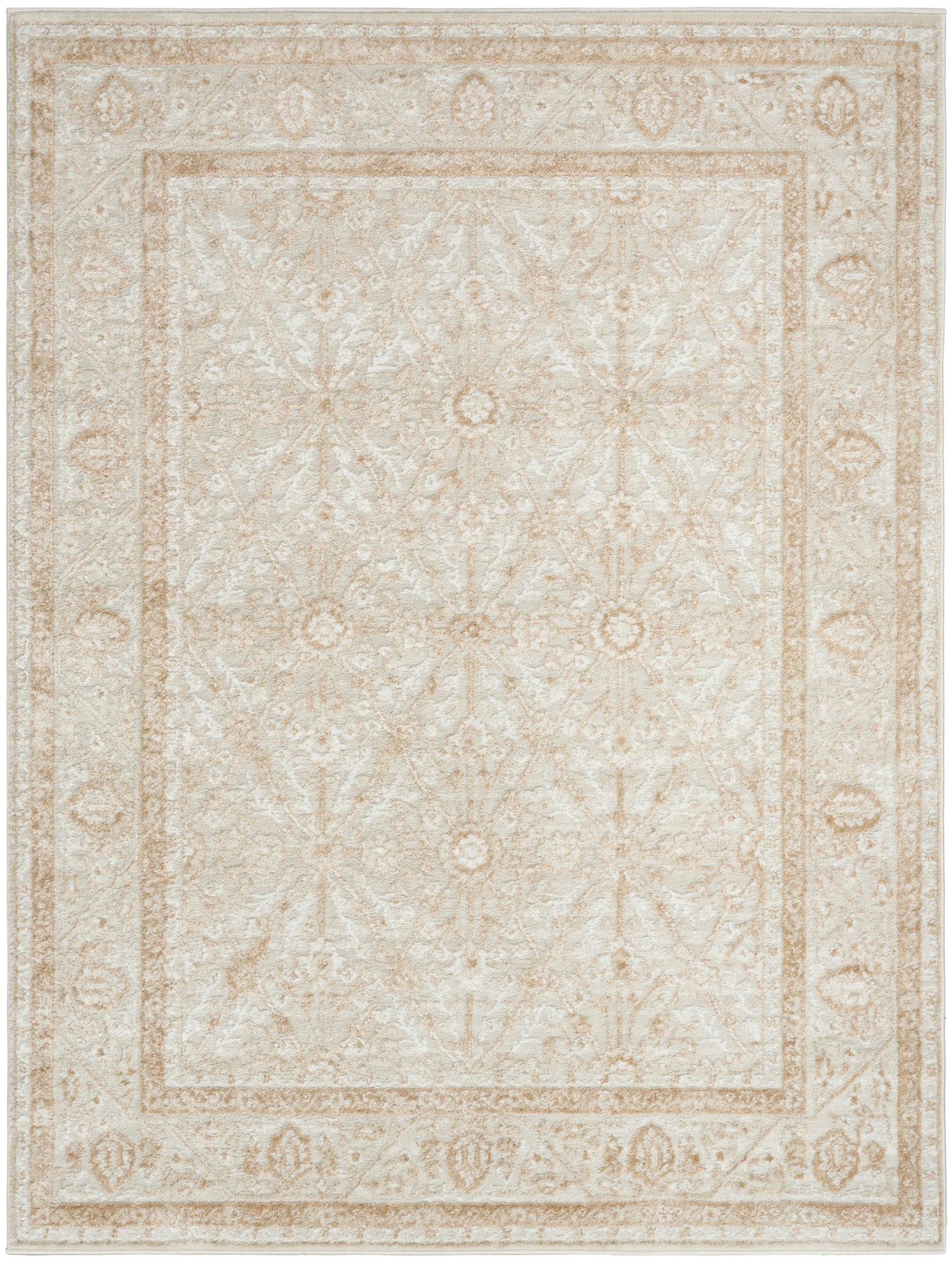 Cream-beige oriental area rug with a distressed floral medallion pattern and ornate outer border.