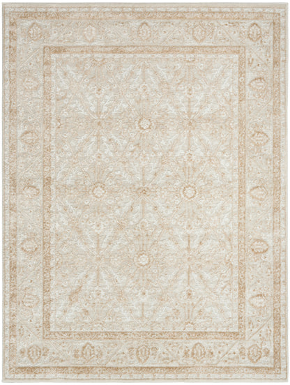 Cream-beige oriental area rug with a distressed floral medallion pattern and ornate outer border.