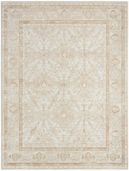 Cream-beige oriental area rug with a distressed floral medallion pattern and ornate outer border.