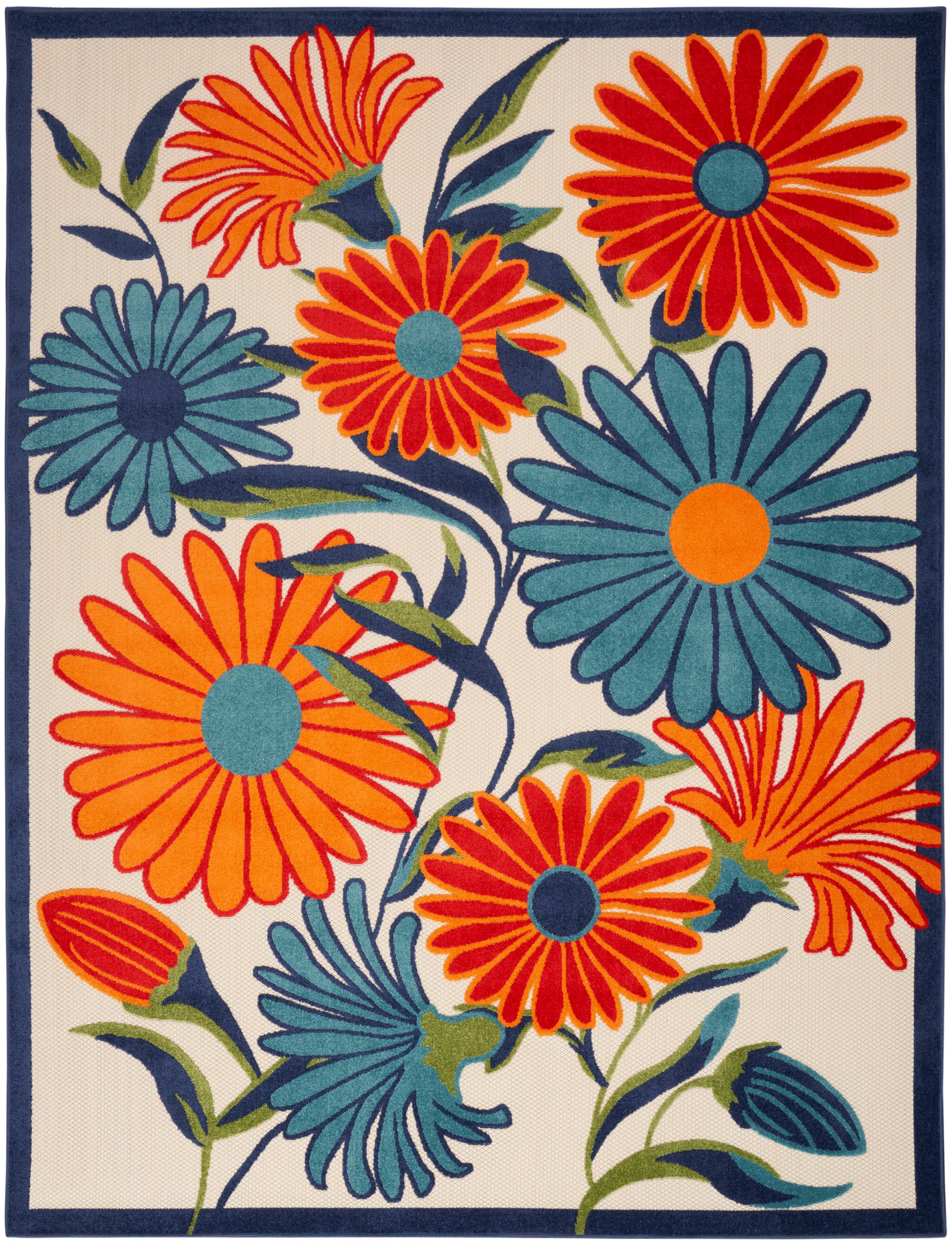 Rectangular floral area rug with bold orange and teal daisies, navy border, cream backdrop; bright modern botanical design.