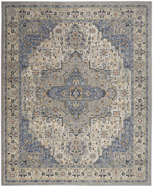 Persian-style area rug with ivory field, blue borders, central medallion, and intricate floral motifs.