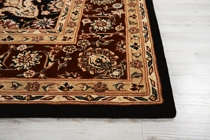Persian-style rug with burgundy field, cream floral border, black edge on light wooden floor.
