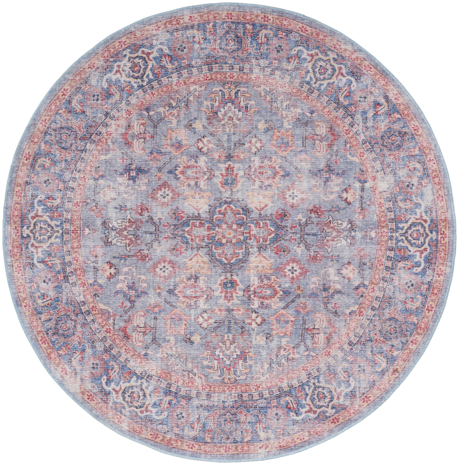 Round rug in pastel blue-pink tones with ornate floral medallion and decorative border; Persian-inspired vintage style.