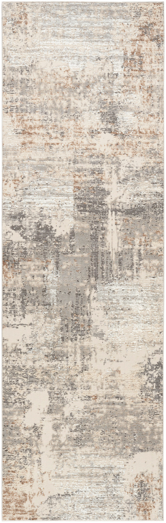 Rectangular runner rug with a neutral, distressed abstract pattern in beige, gray & taupe with brown accents.