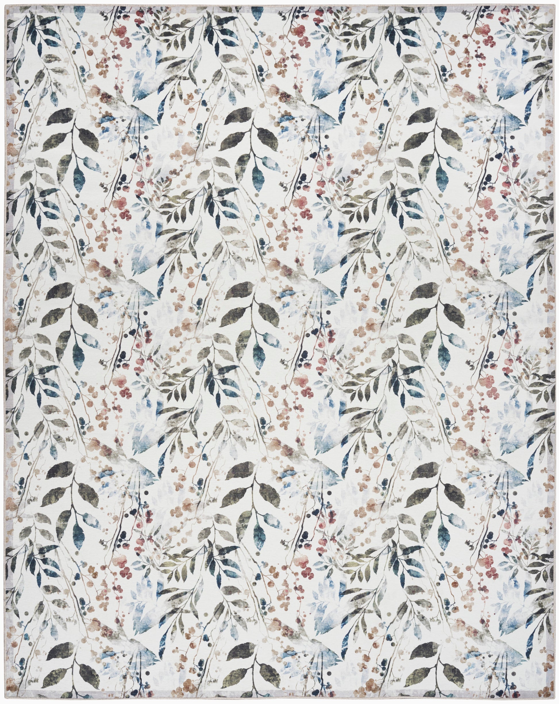 Floral botanical area rug with cream backdrop, blue-green leaves and pink berries; decorative, soft home decor.
