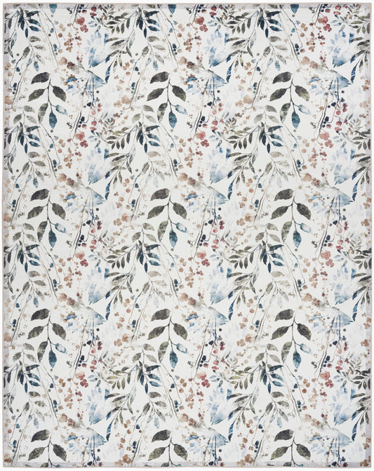 Floral botanical area rug with cream backdrop, blue-green leaves and pink berries; decorative, soft home decor.
